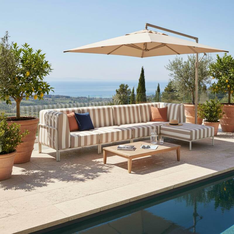 Divano modulare da esterno a righe 5 posti con 2 poltrone, 2 poltrone angolari e 1 pouf (2/8)