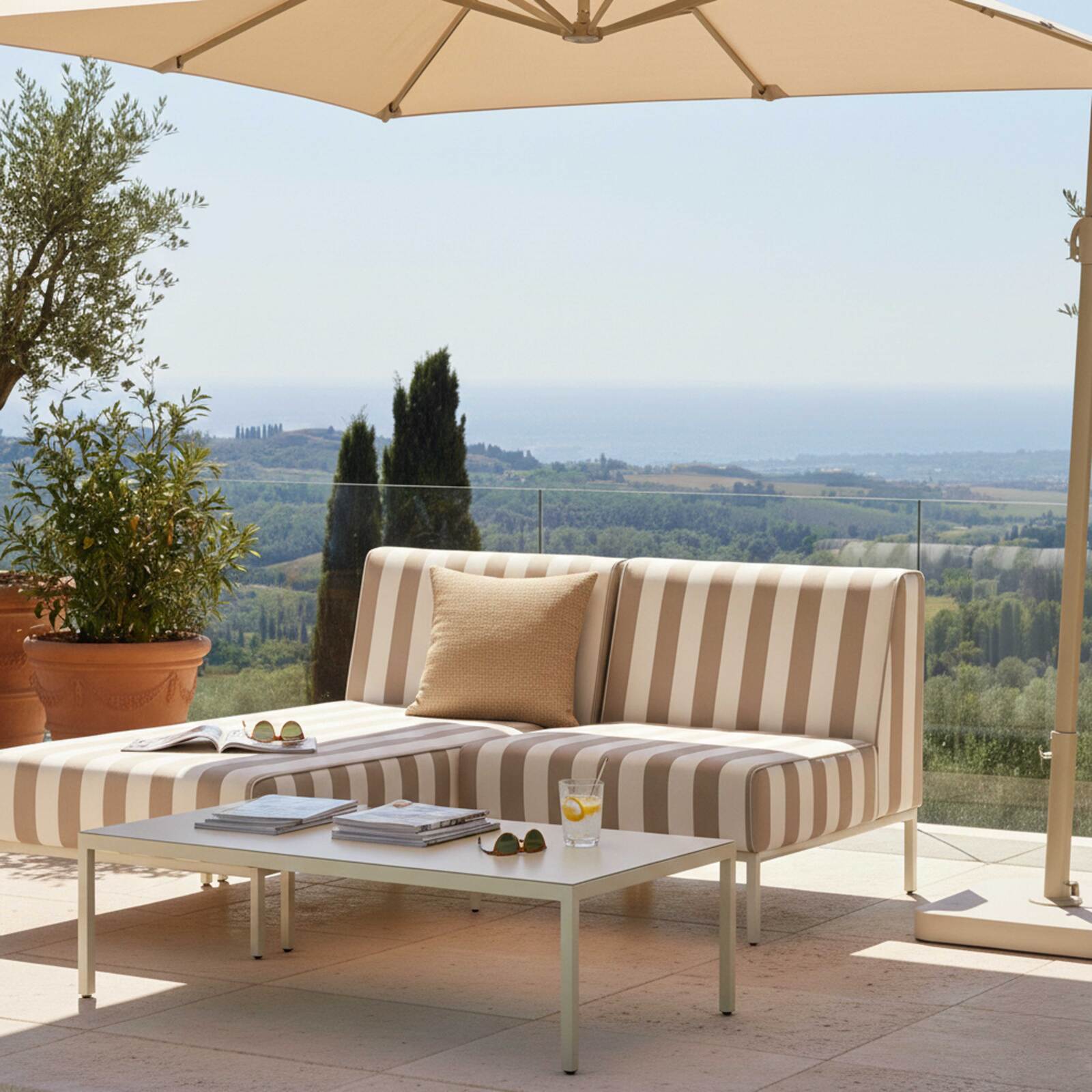 Divano modulare da esterno a righe 2 posti con 1 poltrona e 1 chaise longue