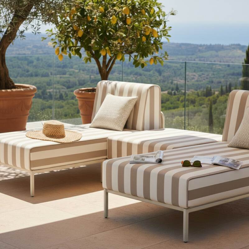 Divano modulare da esterno a righe 2 posti con 2 chaise longue e 1 pouf (2/7)