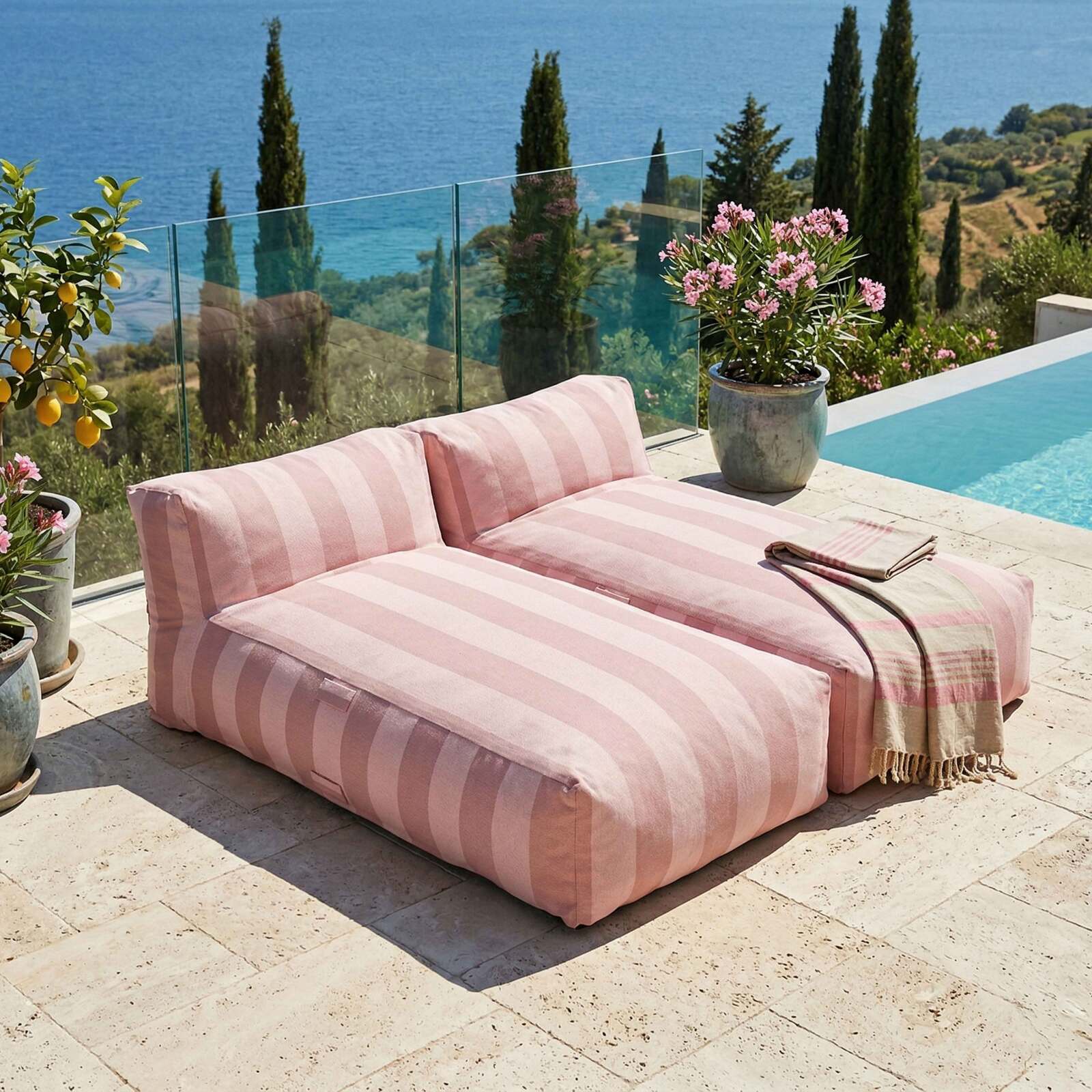 Divano modulare da esterno con 2 posti con 2 chaise longue a righe