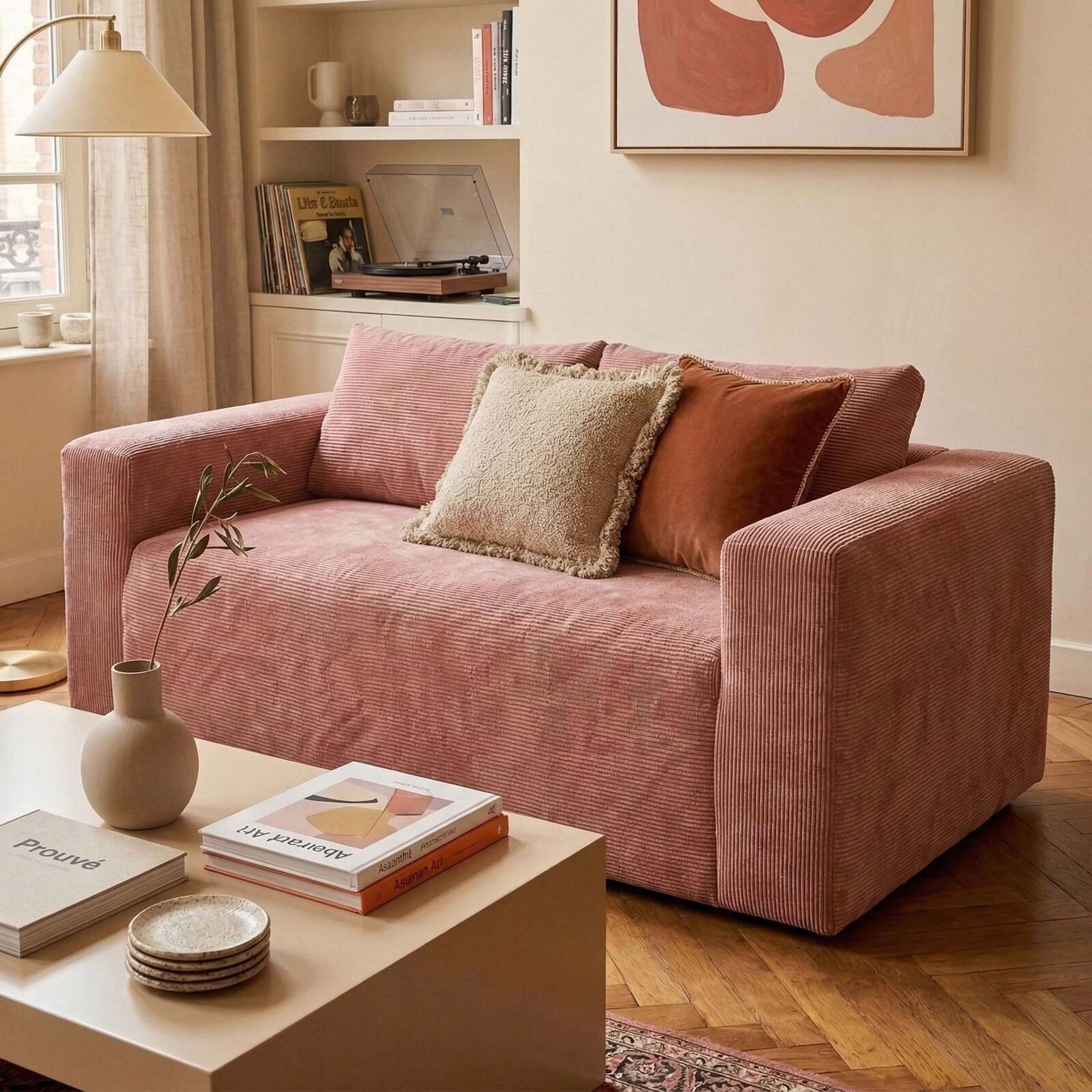 Divano 2 posti in tessuto a coste con cuscini