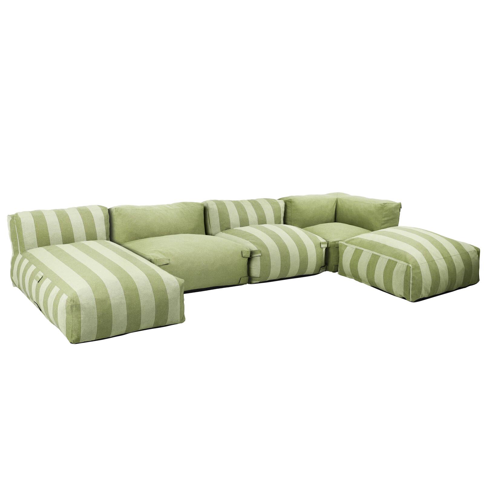 Divano modulare da esterno a righe 4 posti con 2 poltrone, 1 poltrona angolare, 1 chaise longue e 1 pouf