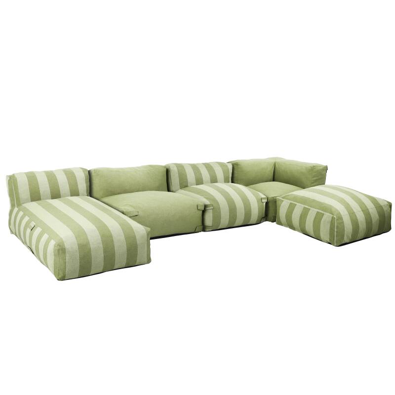 Divano modulare da esterno a righe 4 posti con 2 poltrone, 1 poltrona angolare, 1 chaise longue e 1 pouf