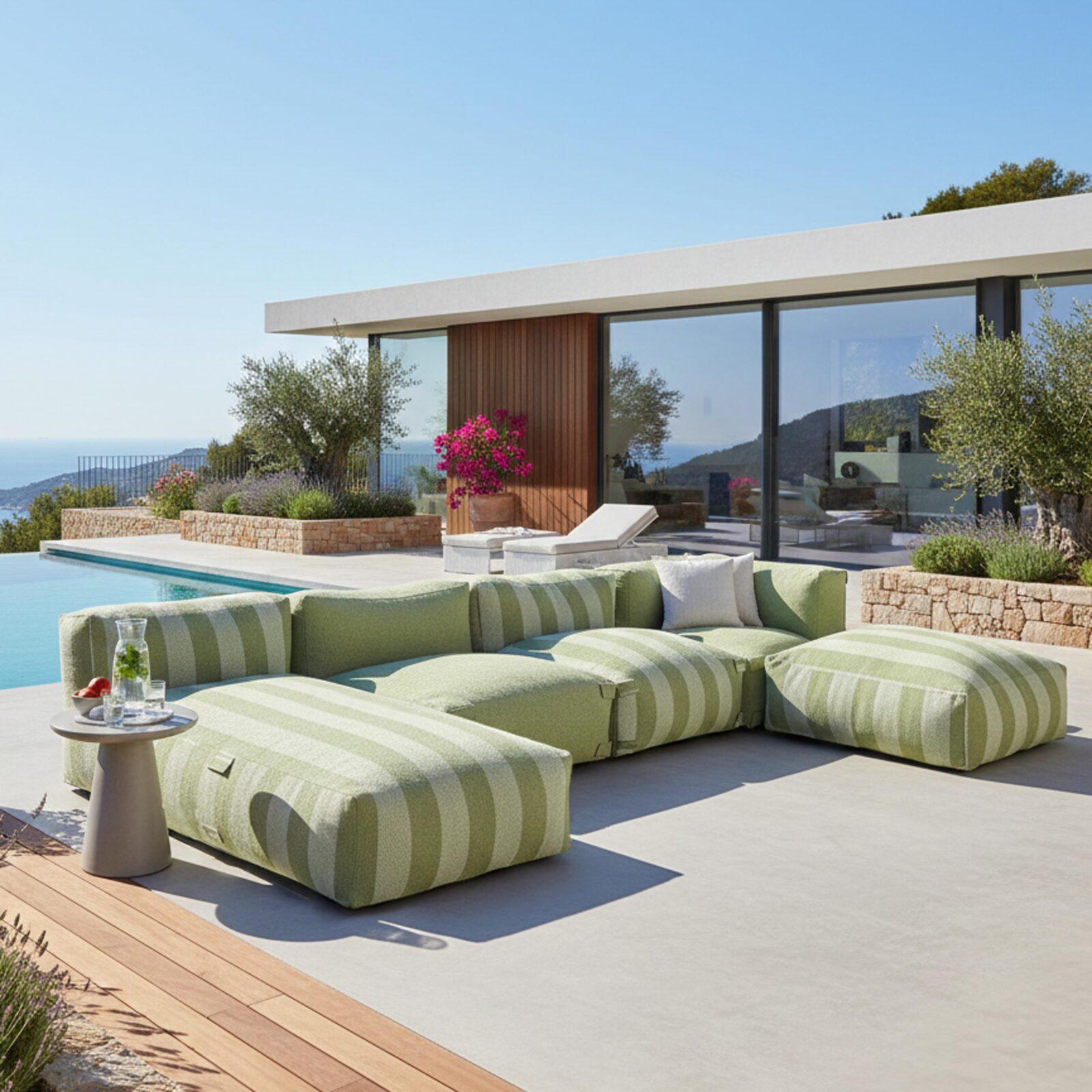 Divano modulare da esterno a righe 4 posti con 2 poltrone, 1 poltrona angolare, 1 chaise longue e 1 pouf